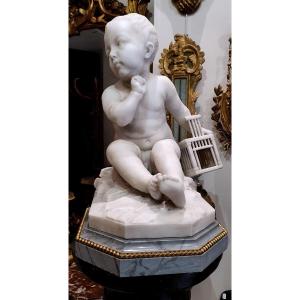 Large Marble Sculpture "child In A Cage" After Jb Pigalle Napoleon III Period XIX