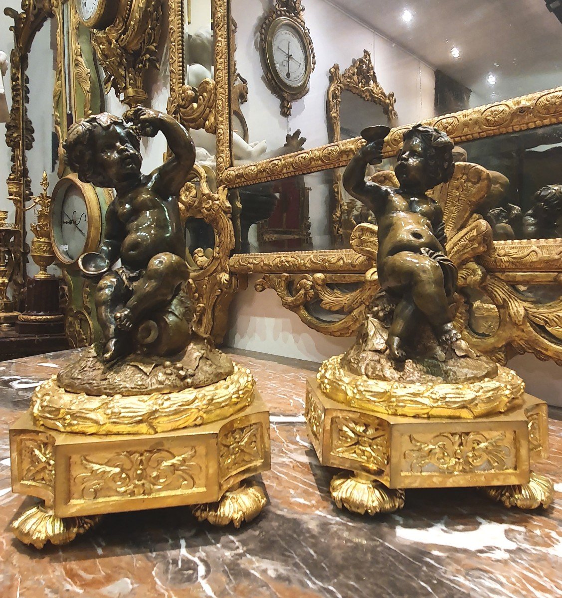 Pair Of Putti In Bronze After Clodion XIX-photo-3