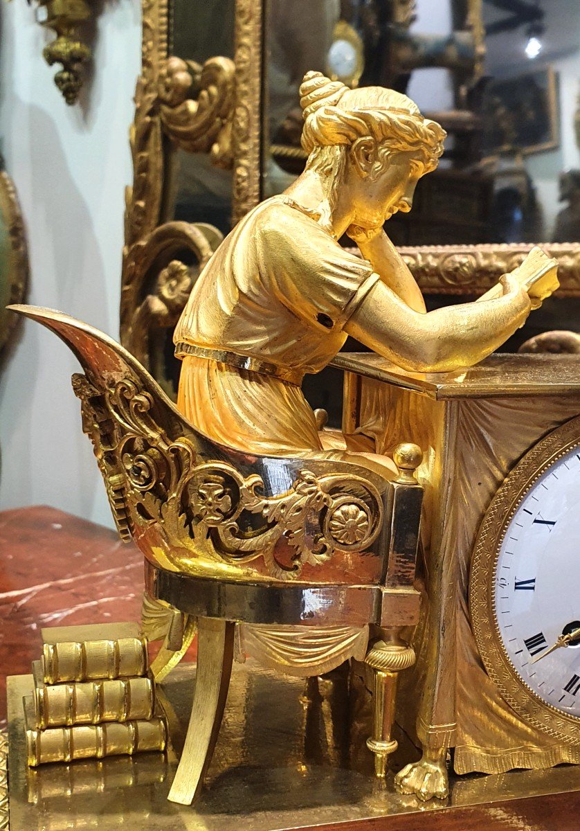Pendule "La Liseuse" En Bronze Doré Epoque Empire Début XIX ème-photo-5