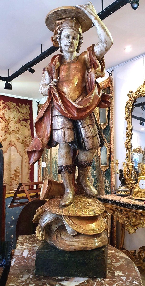 Porte Torchère "Soldat Romain" En Bois Sculpté Polychrome Italie XVIII ème-photo-3