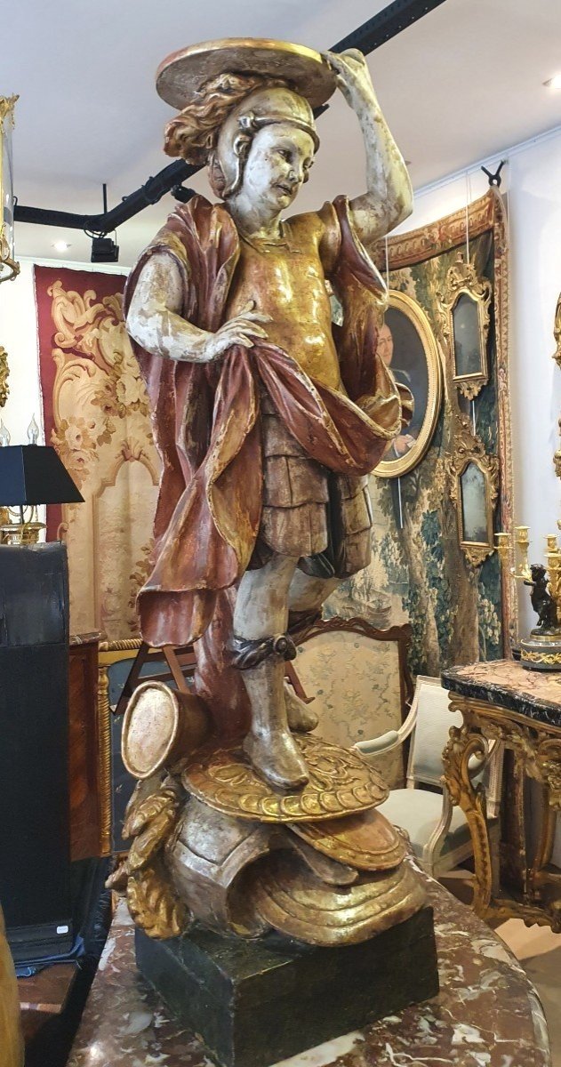 Porte Torchère "Soldat Romain" En Bois Sculpté Polychrome Italie XVIII ème-photo-4