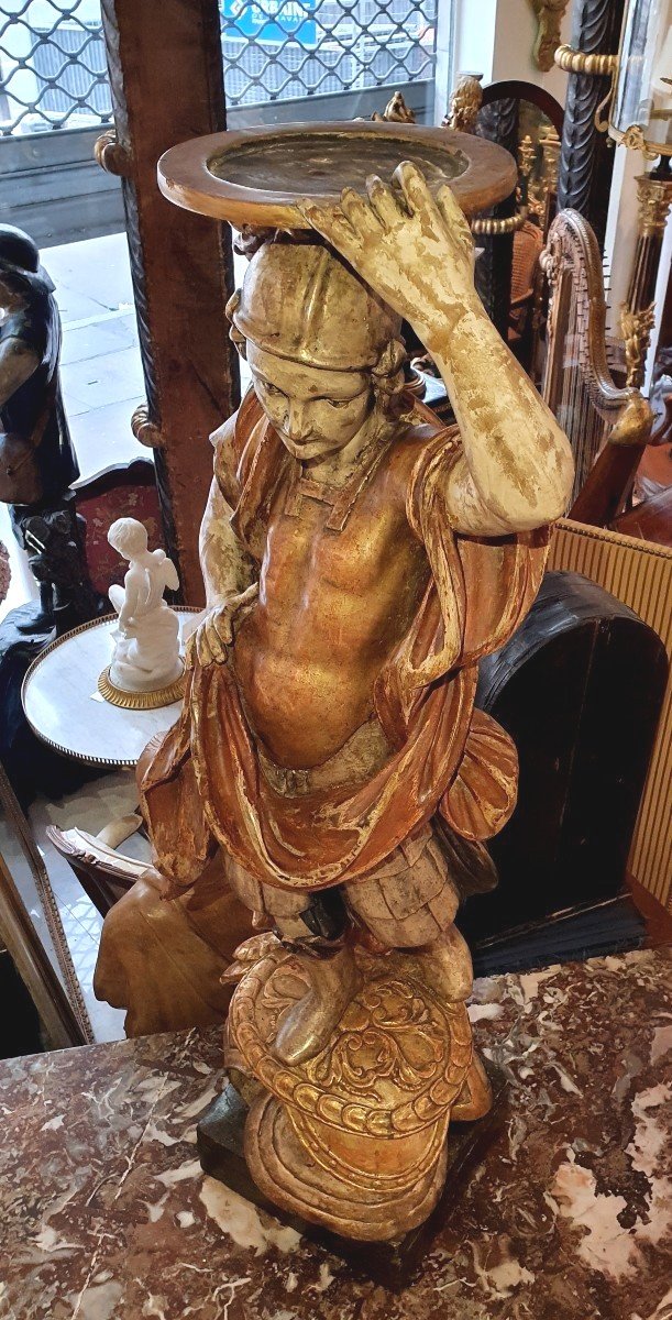 Porte Torchère "Soldat Romain" En Bois Sculpté Polychrome Italie XVIII ème-photo-6