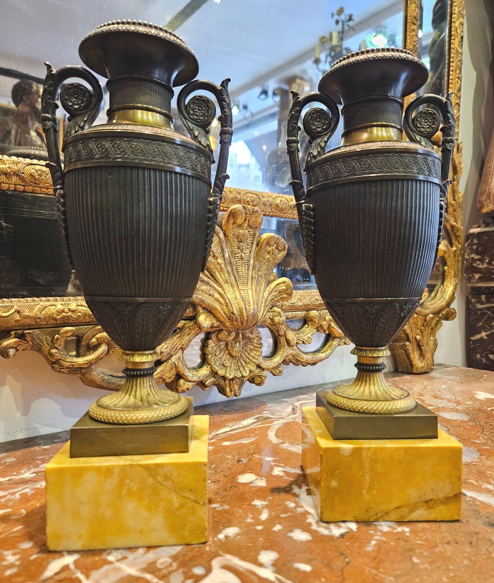 Paire De Vases A l'Antique En Bronze Patiné Et Doré Epoque Empire XIX ème-photo-2