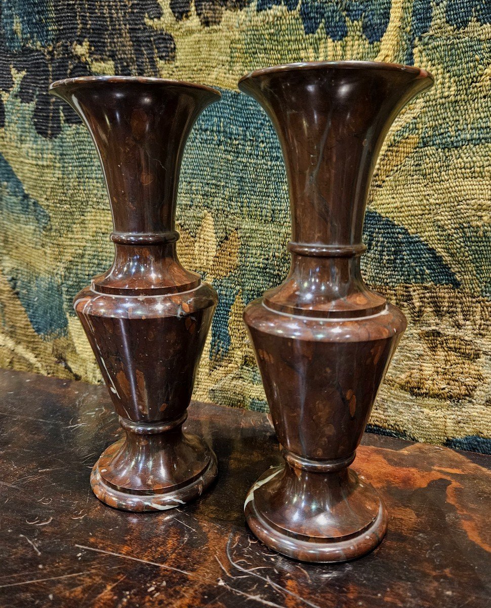  Paire De Vases De Forme Balustre En Marbre Rouge Griotte XIX ème-photo-2