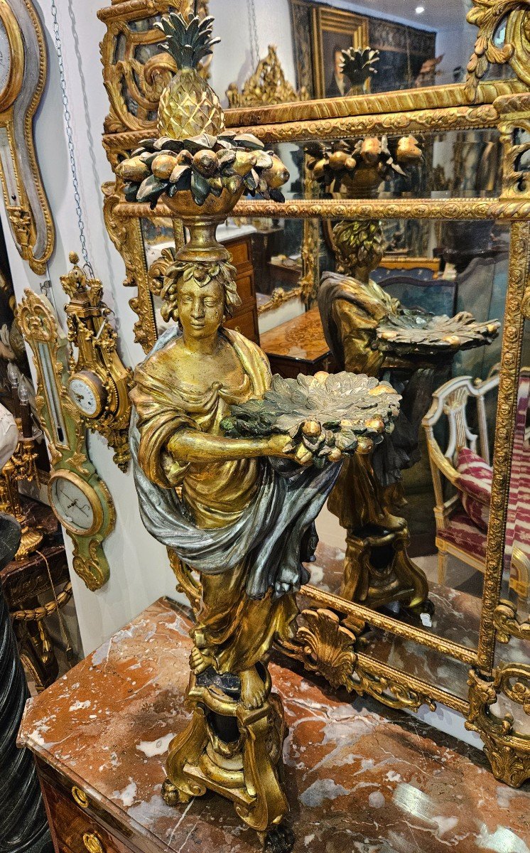 Porte Torchère En Bois Sculpté Polychrome Et Doré Epoque Louis XIV Fin XVII ème -photo-1