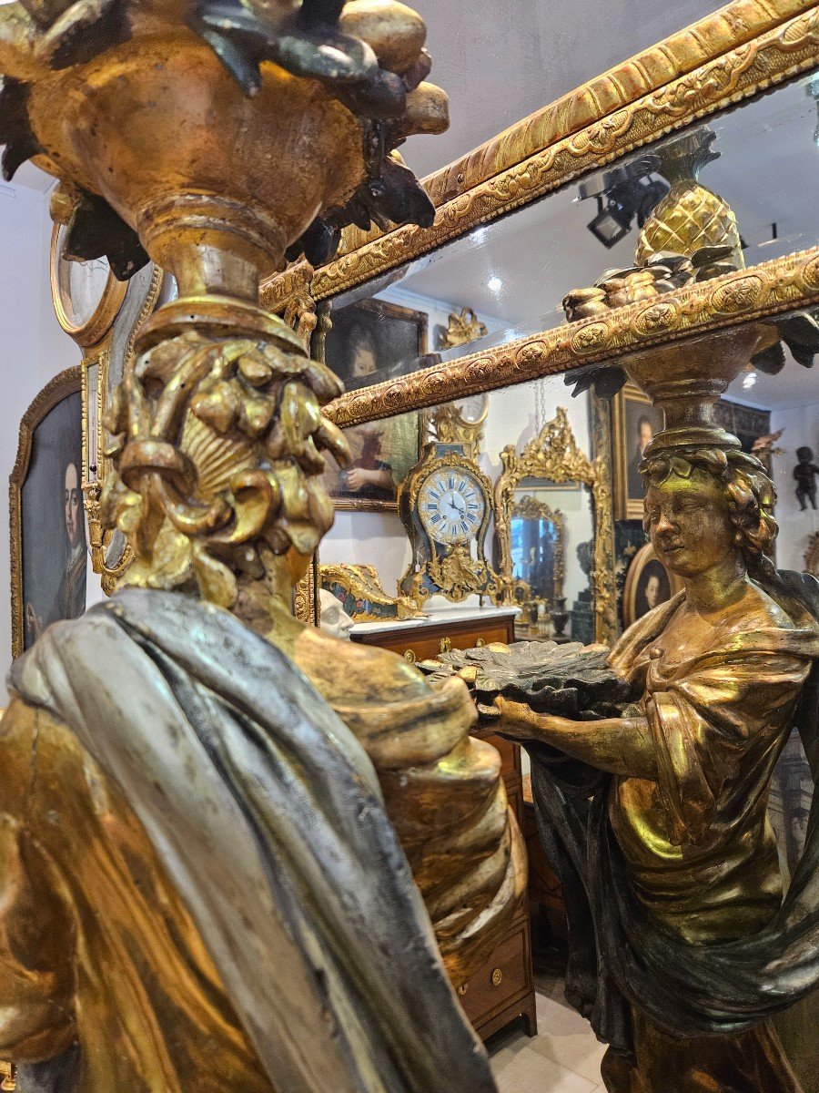 Porte Torchère En Bois Sculpté Polychrome Et Doré Epoque Louis XIV Fin XVII ème -photo-2