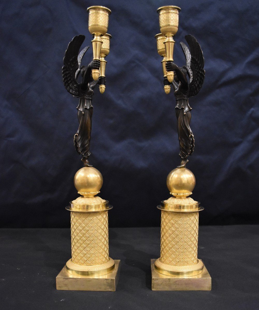 Paire De Candélabres "aux Victoires Ailées" Epoque Empire XIX ème-photo-3