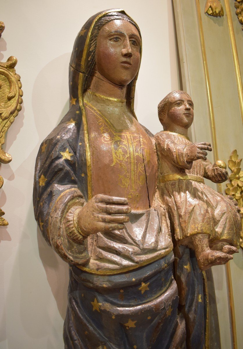 Importante Vierge A l'Enfant En Bois Sculpté Polychrome Début XVIII ème-photo-4