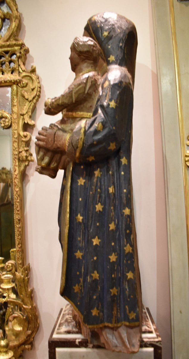 Importante Vierge A l'Enfant En Bois Sculpté Polychrome Début XVIII ème-photo-4