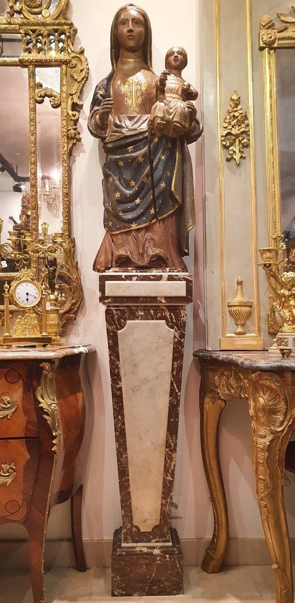 Importante Vierge A l'Enfant En Bois Sculpté Polychrome Début XVIII ème-photo-6