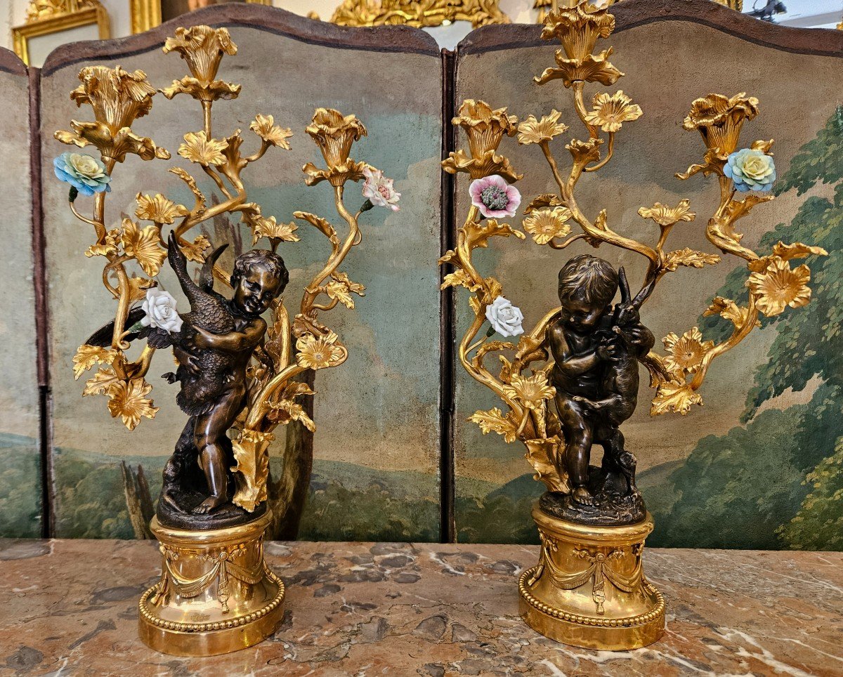 Paire De Grands Candélabres En Bronze Doré Et Patiné Signés "Dumaige 1830-1888" XIX ème -photo-3