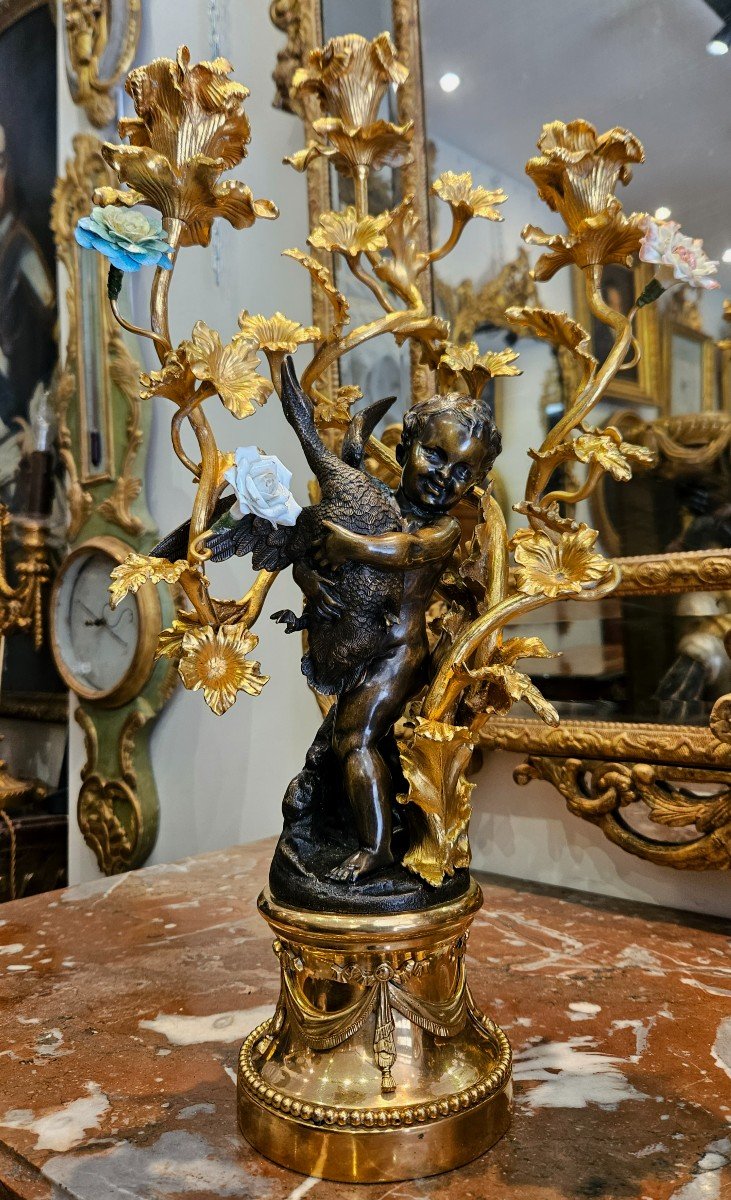 Paire De Grands Candélabres En Bronze Doré Et Patiné Signés "Dumaige 1830-1888" XIX ème -photo-2