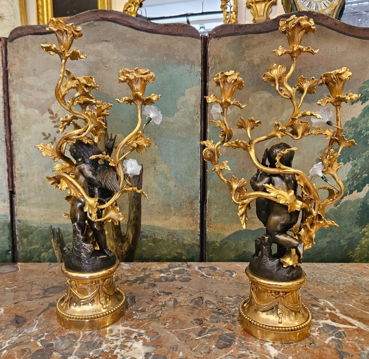 Paire De Grands Candélabres En Bronze Doré Et Patiné Signés "Dumaige 1830-1888" XIX ème -photo-8