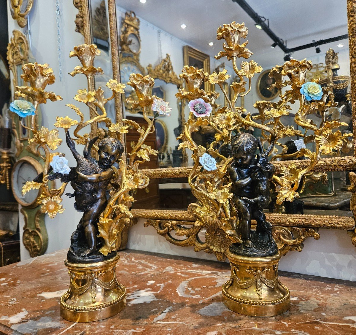 Paire De Grands Candélabres En Bronze Doré Et Patiné Signés "Dumaige 1830-1888" XIX ème 
