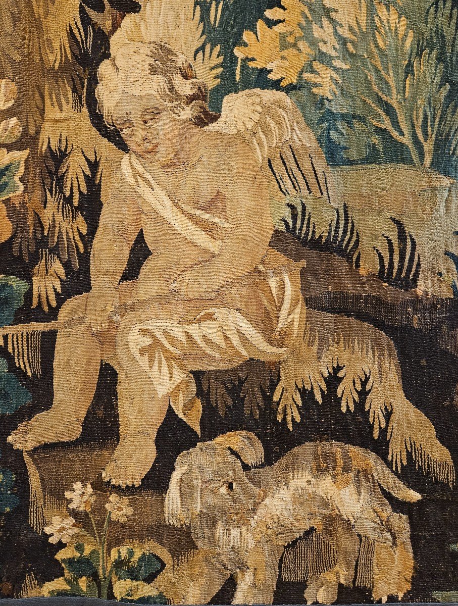 Tapisserie d'Aubusson "verdure à l'Angelot" Epoque Louis XIV XVII ème -photo-3