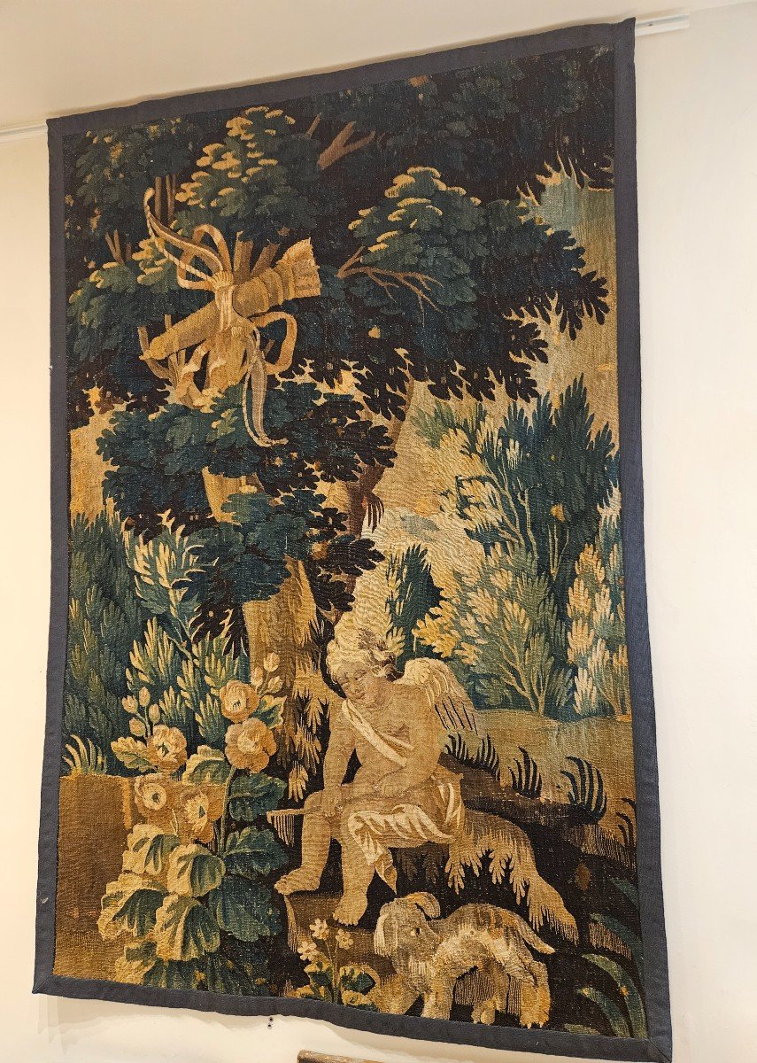 Tapisserie d'Aubusson "verdure à l'Angelot" Epoque Louis XIV XVII ème -photo-5