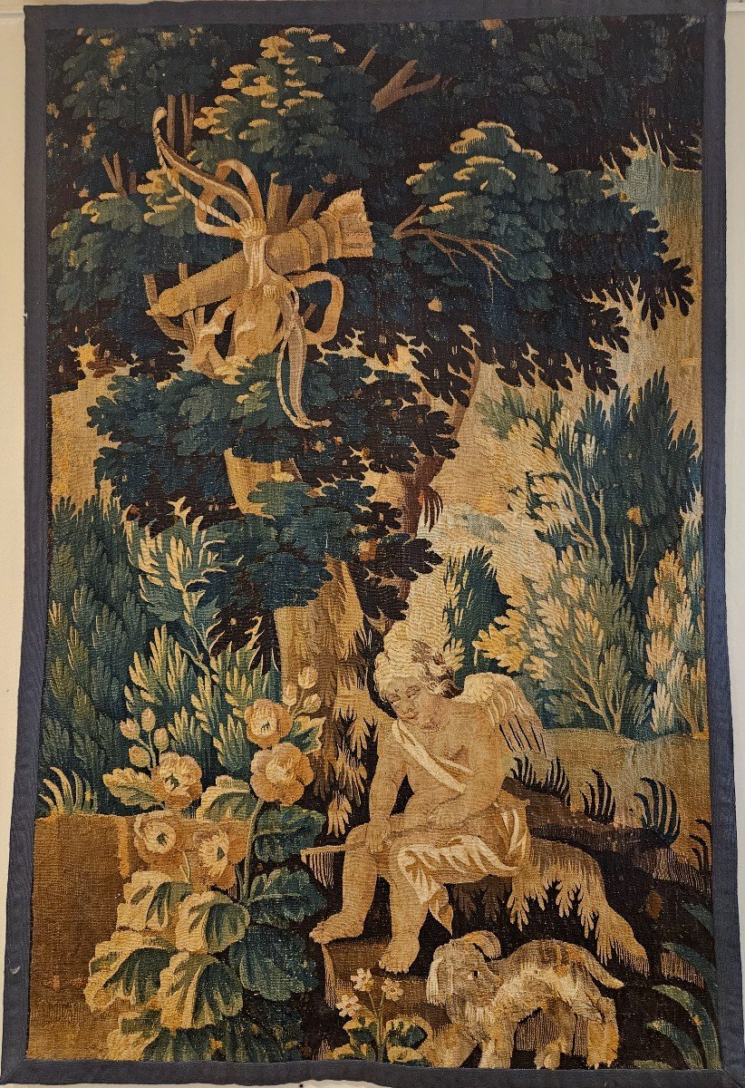 Tapisserie d'Aubusson "verdure à l'Angelot" Epoque Louis XIV XVII ème 