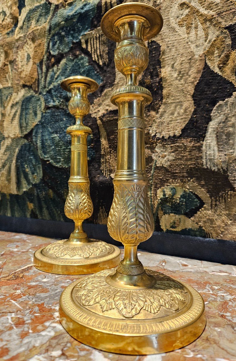 Paire De Flambeaux En Bronze Doré Epoque Restauration XIX ème -photo-1