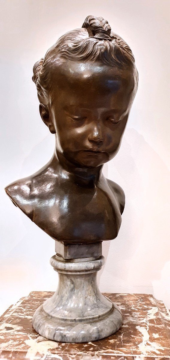 Terracotta Bust "little Girl With Braids Known As The Sulky One" After Saly 19th Century-photo-4