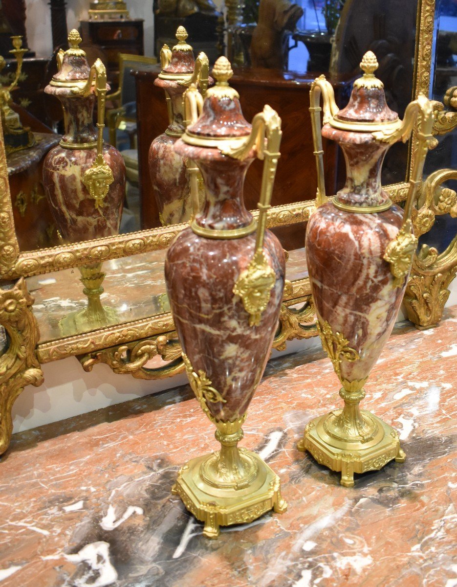 Paire De Vases "amphores" En Marbre Et Bronze Doré Fin XIX ème-photo-2