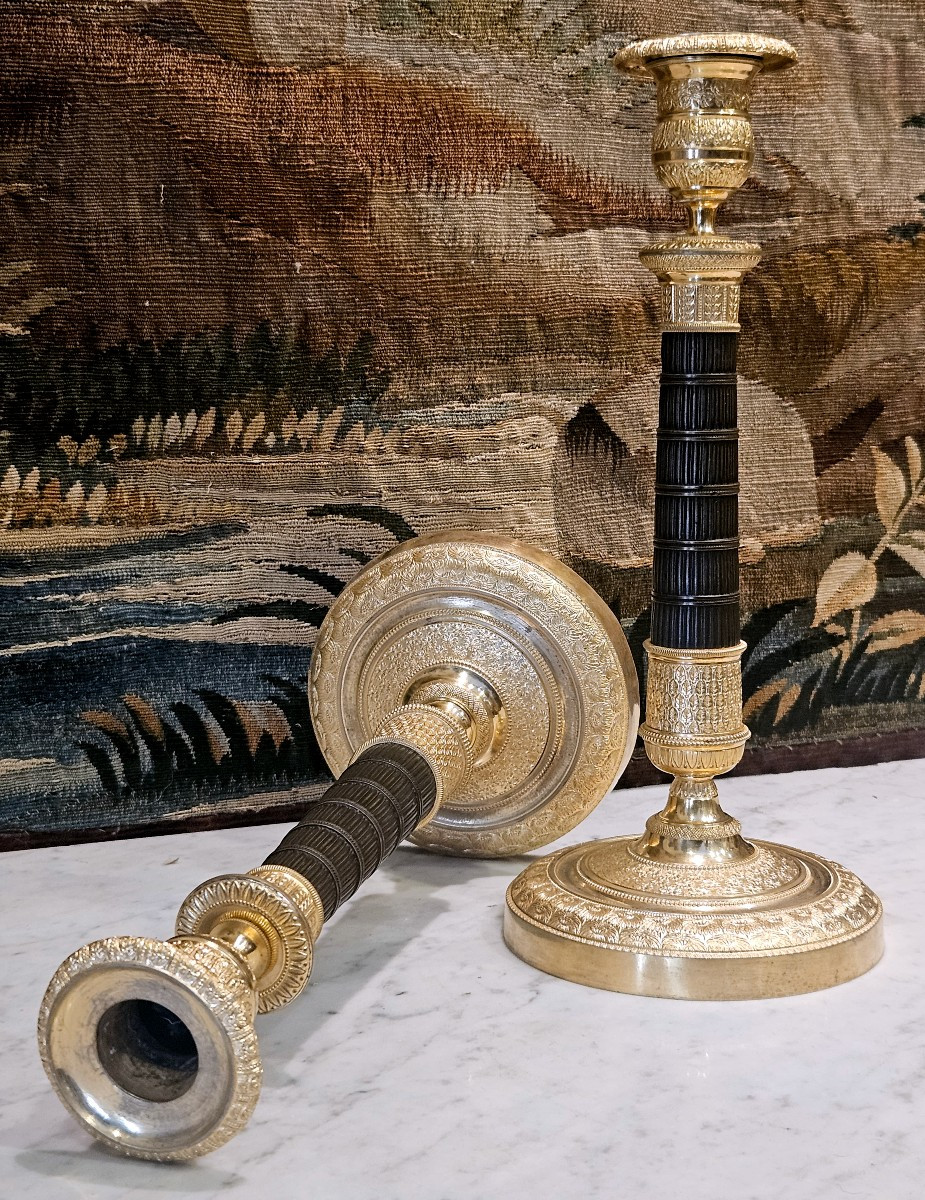 Pair Of Gilt Bronze Candlesticks, Empire Period, Early 19th Century -photo-2