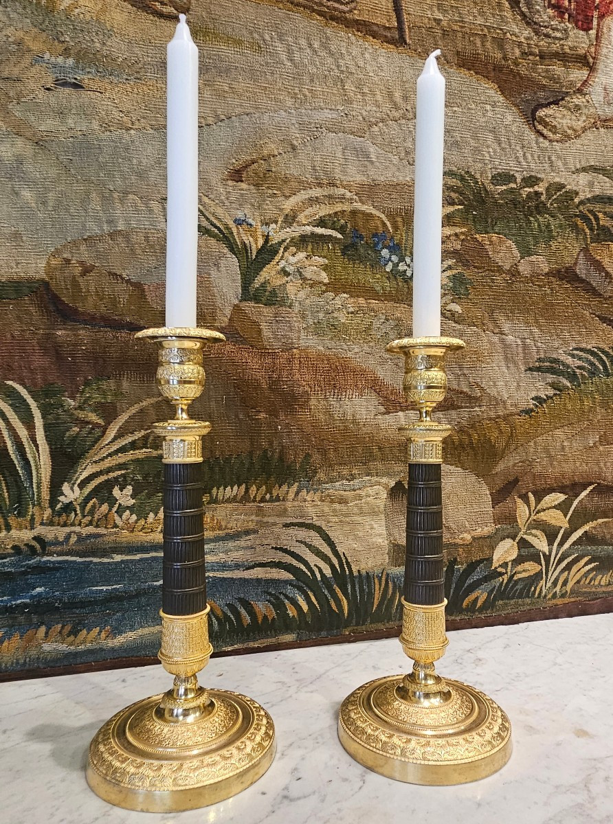 Pair Of Gilt Bronze Candlesticks, Empire Period, Early 19th Century -photo-1