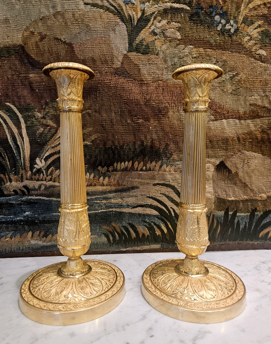 Paire De Flambeaux En Bronze Doré Epoque Charles X Début XIX ème -photo-2