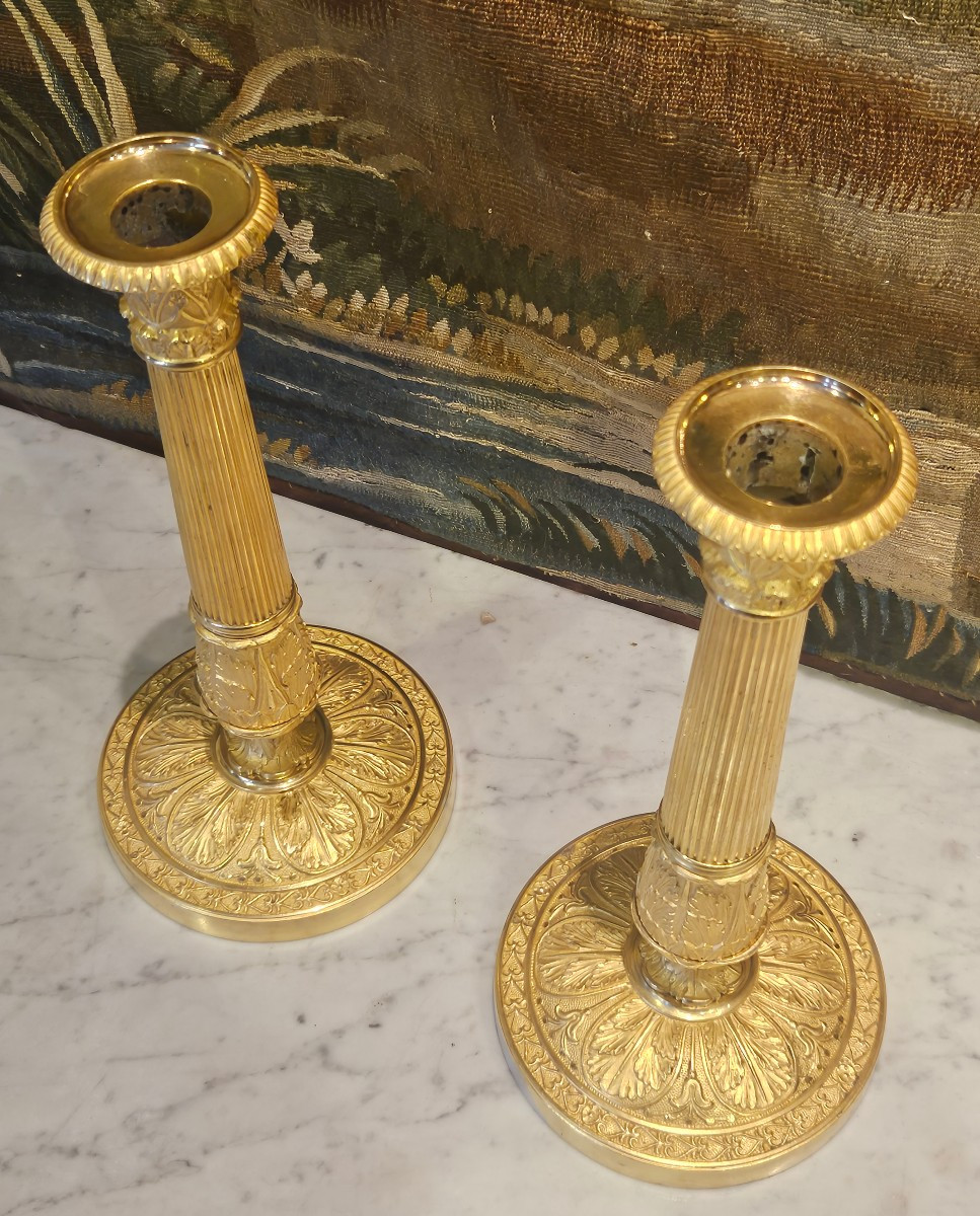 Paire De Flambeaux En Bronze Doré Epoque Charles X Début XIX ème -photo-3