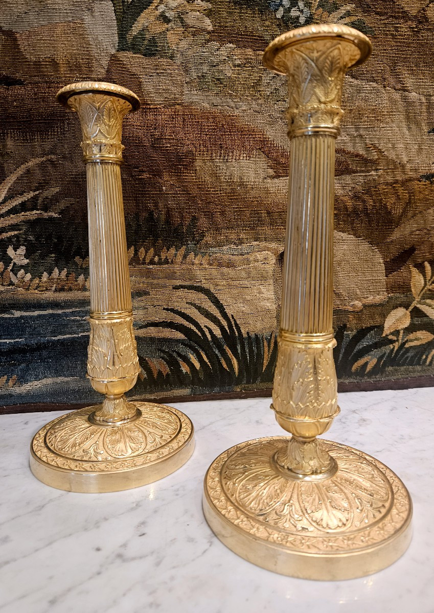 Paire De Flambeaux En Bronze Doré Epoque Charles X Début XIX ème -photo-1