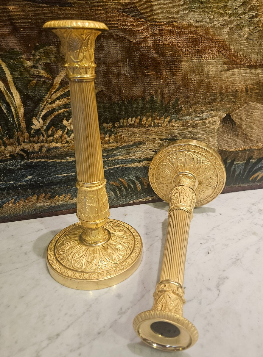 Paire De Flambeaux En Bronze Doré Epoque Charles X Début XIX ème 