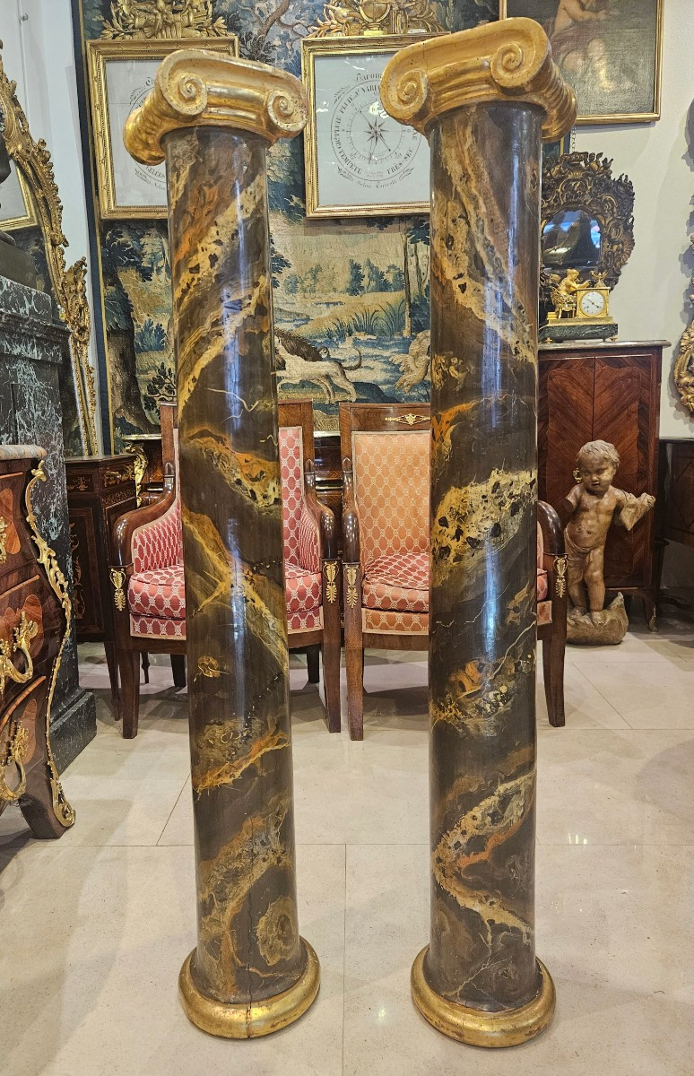 Paire De Colonnes En Bois Polychrome Et Doré XIX ème -photo-2