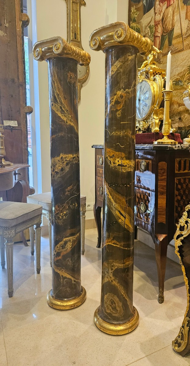 Paire De Colonnes En Bois Polychrome Et Doré XIX ème -photo-5