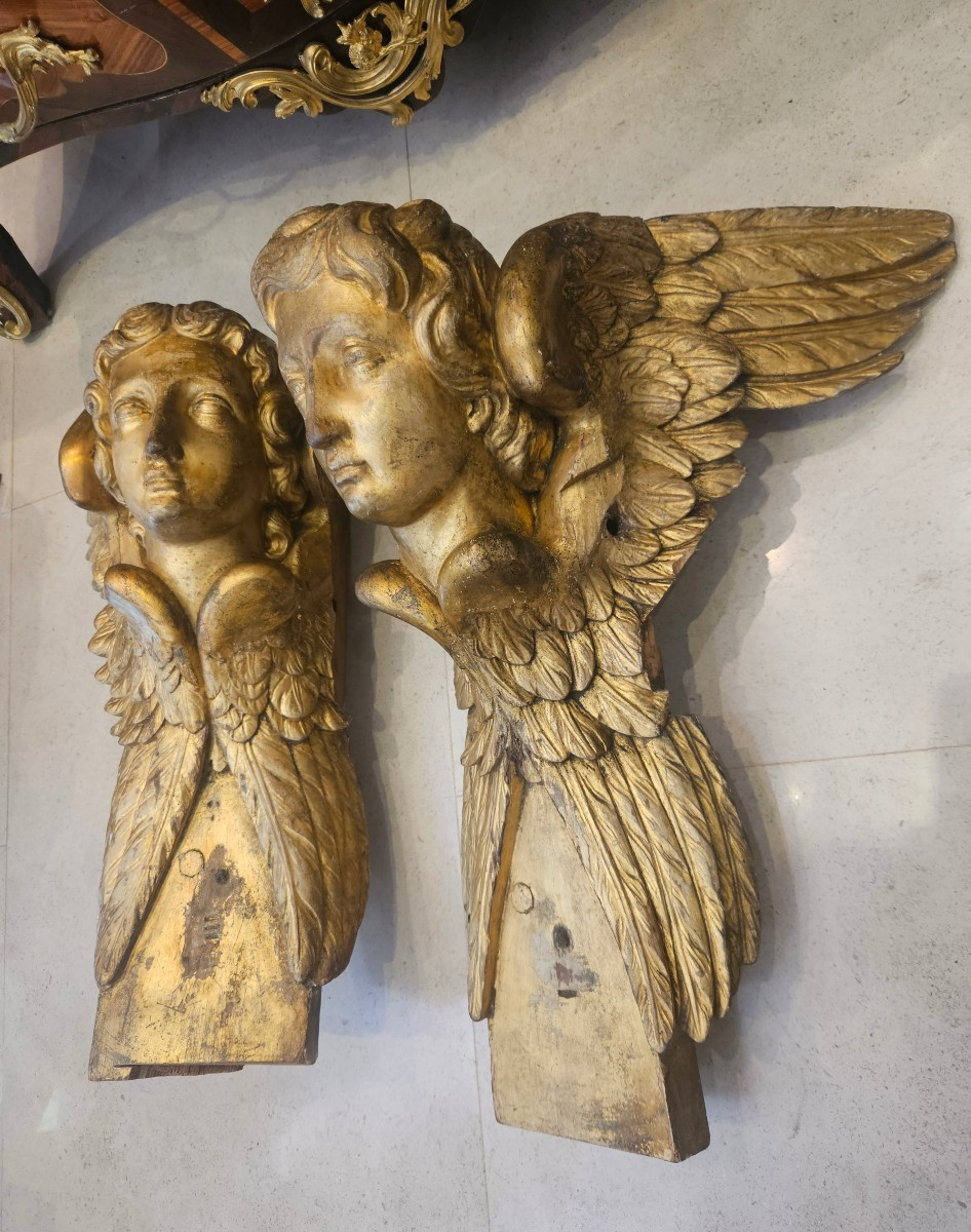 Pair Of Angels In Carved And Gilded Linden, Regency Period, Early 18th Century-photo-2