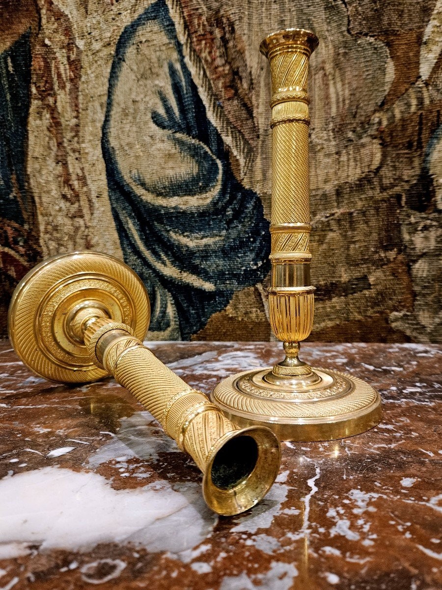 Pair Of Gilt Bronze Candlesticks, Charles X Period, Early 19th Century