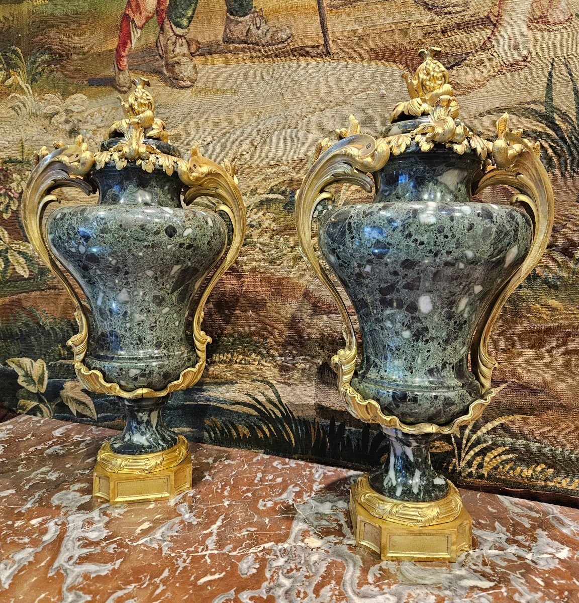 Important Pair Of Louis XV Style Marble Covered Vases, 19th Century