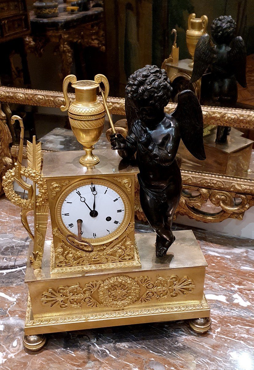 "cupid" Clock In Gilt Bronze, Charles X Period, Early 19th Century-photo-5