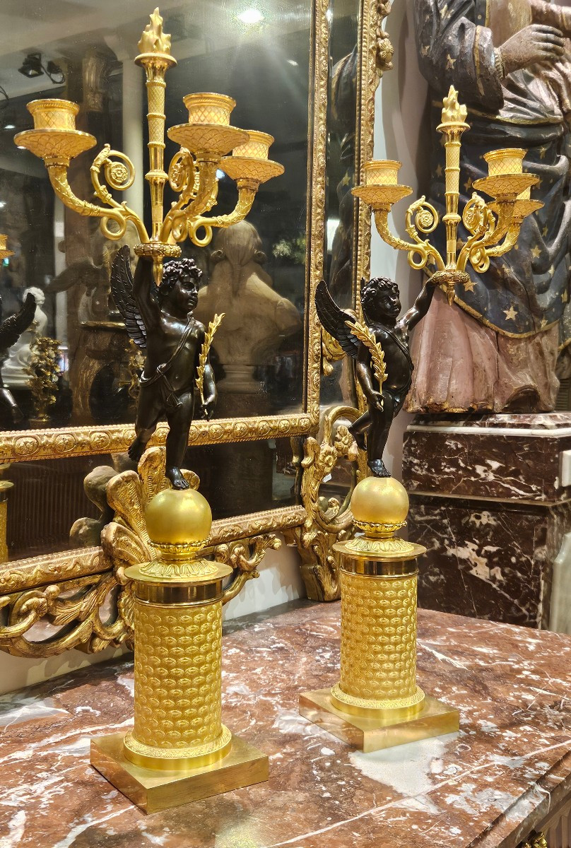 Paire De Grands Candélabres "Aux Putti  Ailés" Epoque Empire Début XIXème -photo-2