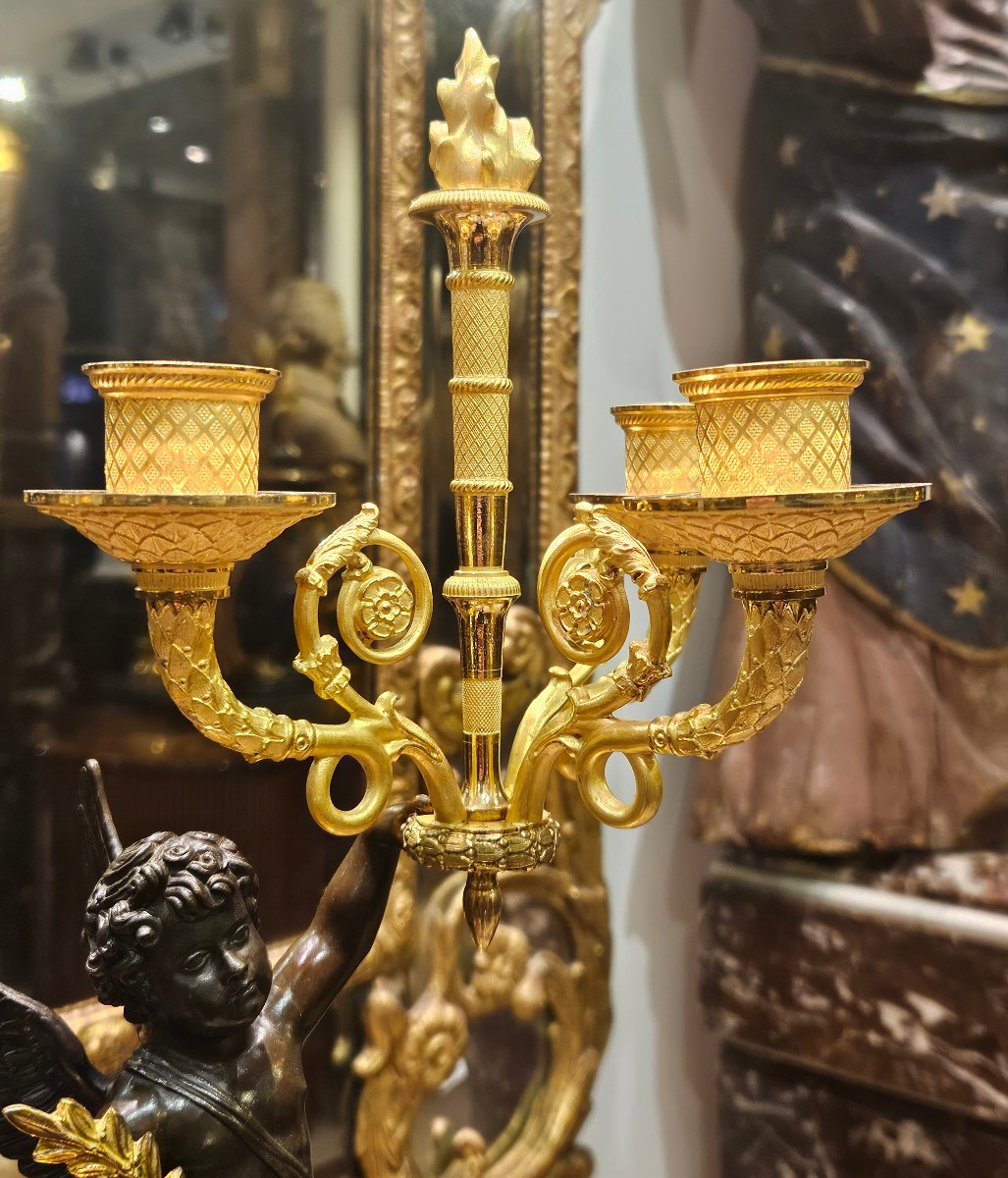Paire De Grands Candélabres "Aux Putti  Ailés" Epoque Empire Début XIXème -photo-4