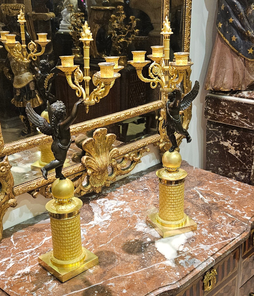 Paire De Grands Candélabres "Aux Putti  Ailés" Epoque Empire Début XIXème -photo-2