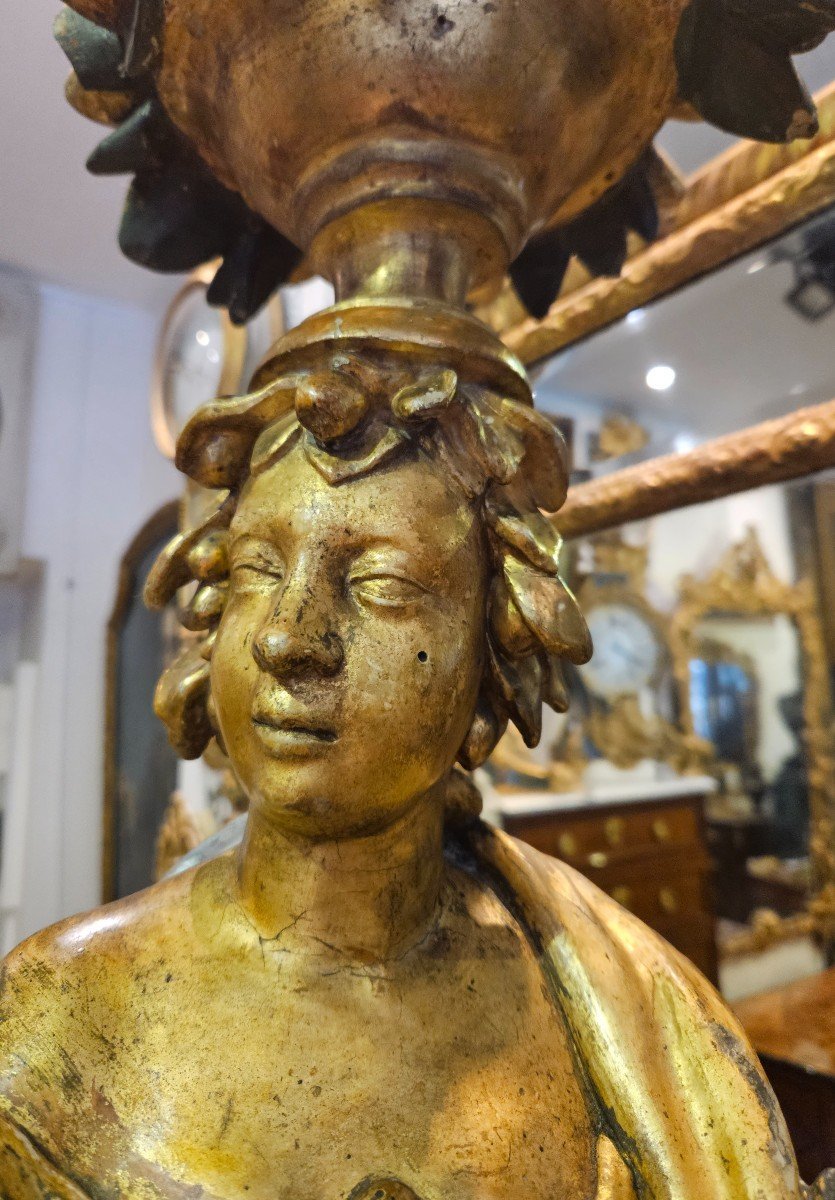 Porte Torchère En Bois Sculpté Polychrome Et Doré Epoque Louis XIV Fin XVII ème-photo-4