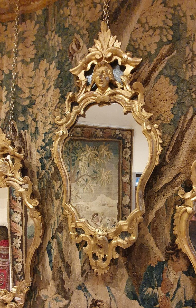Suite De Trois Miroirs Vénitiens En Tilleul Sculpté Et Doré XVIII ème -photo-2