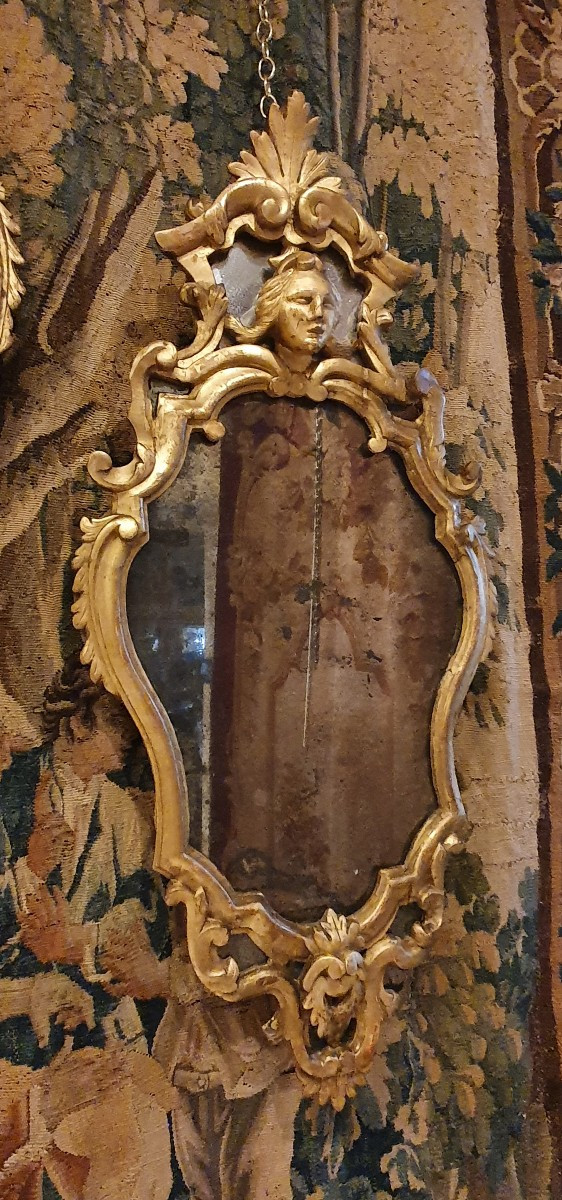 Suite De Trois Miroirs Vénitiens En Tilleul Sculpté Et Doré XVIII ème -photo-4