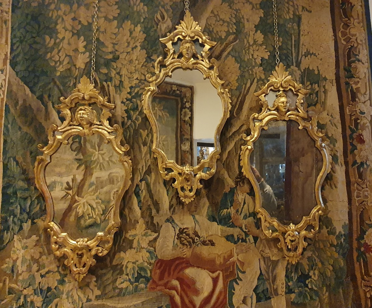 Suite De Trois Miroirs Vénitiens En Tilleul Sculpté Et Doré XVIII ème -photo-7