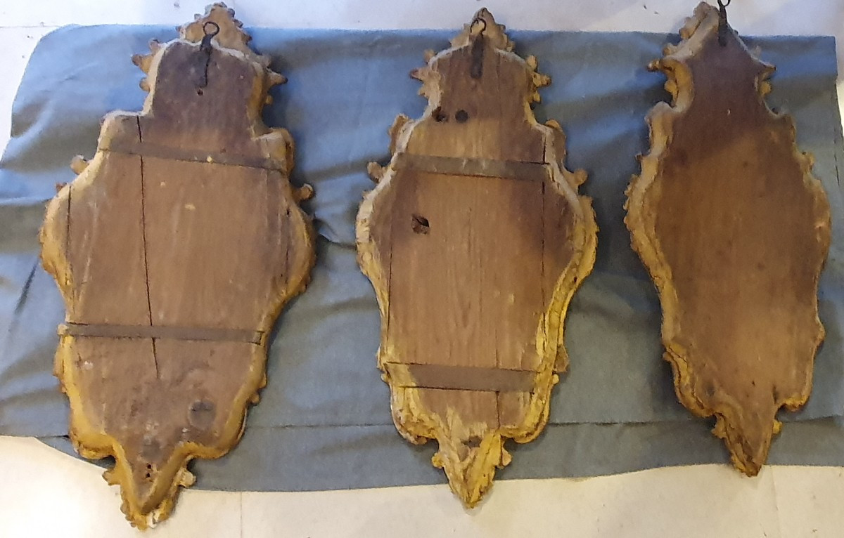 Suite De Trois Miroirs Vénitiens En Tilleul Sculpté Et Doré XVIII ème -photo-8