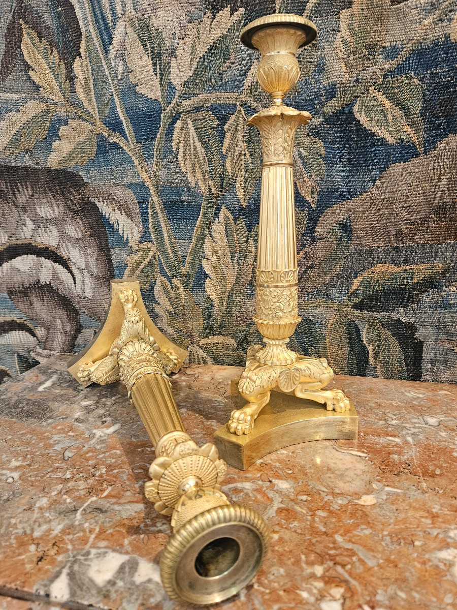 Pair Of Large Gilt Bronze Flambeaux Restoration Period Early 19th Century-photo-2