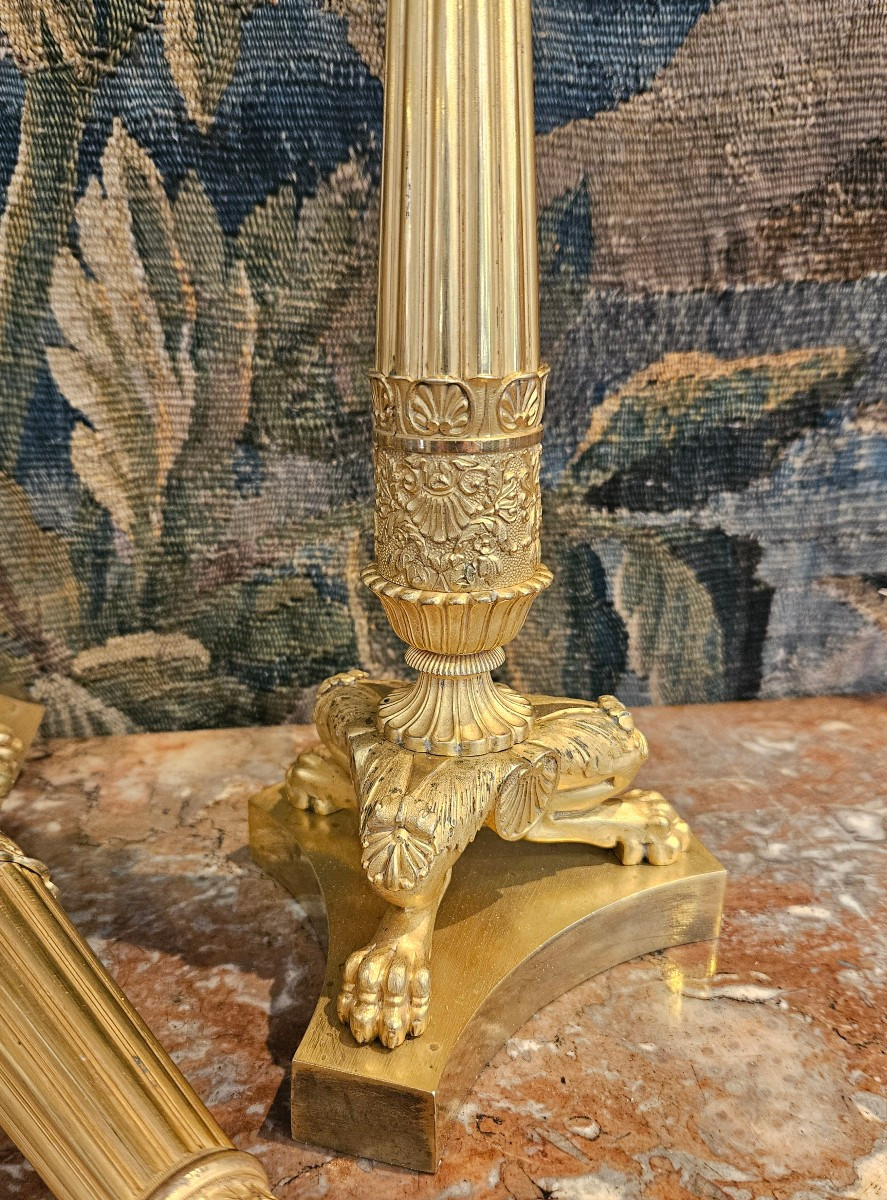 Pair Of Large Gilt Bronze Flambeaux Restoration Period Early 19th Century-photo-3