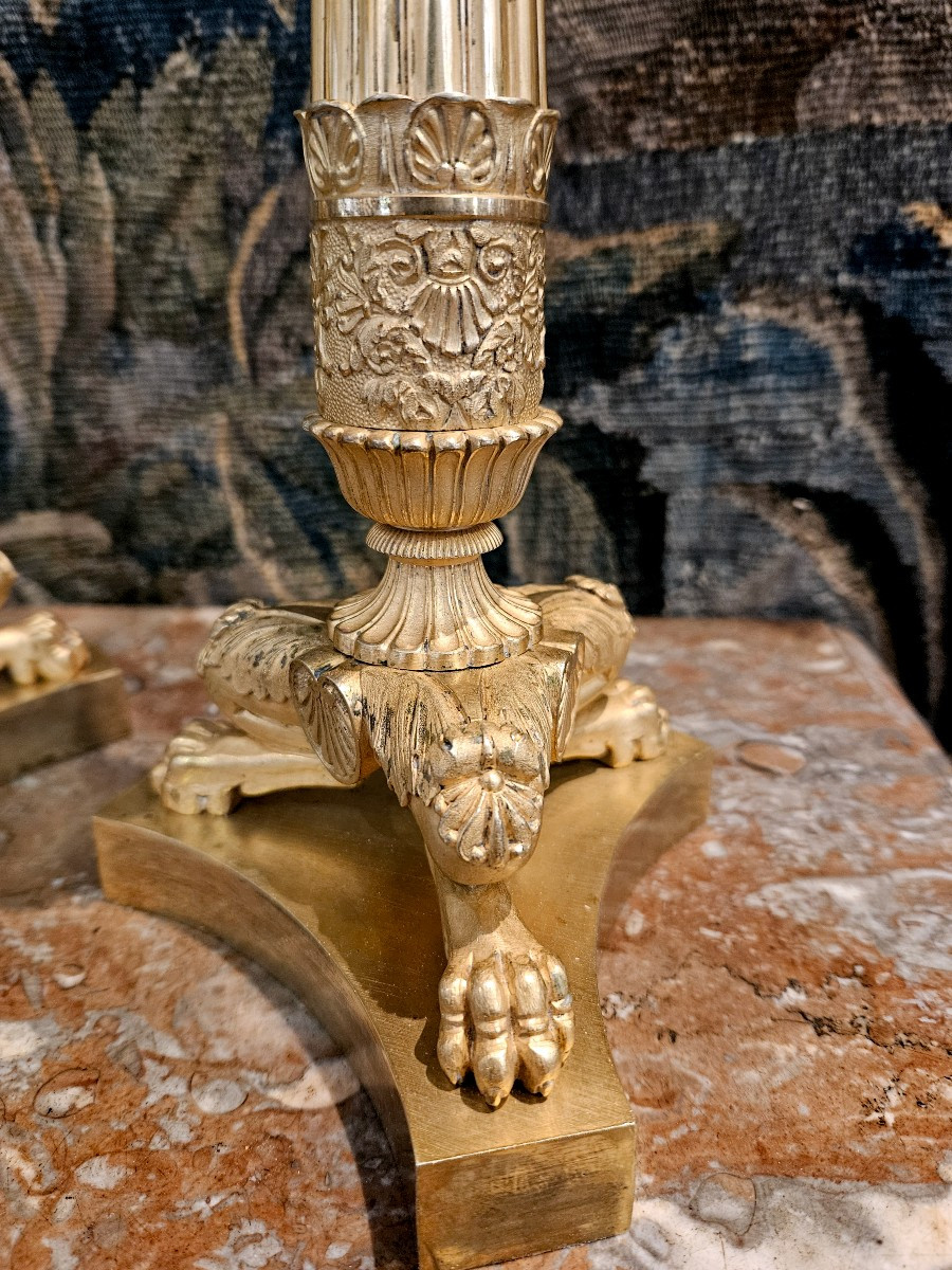 Pair Of Large Gilt Bronze Flambeaux Restoration Period Early 19th Century-photo-2