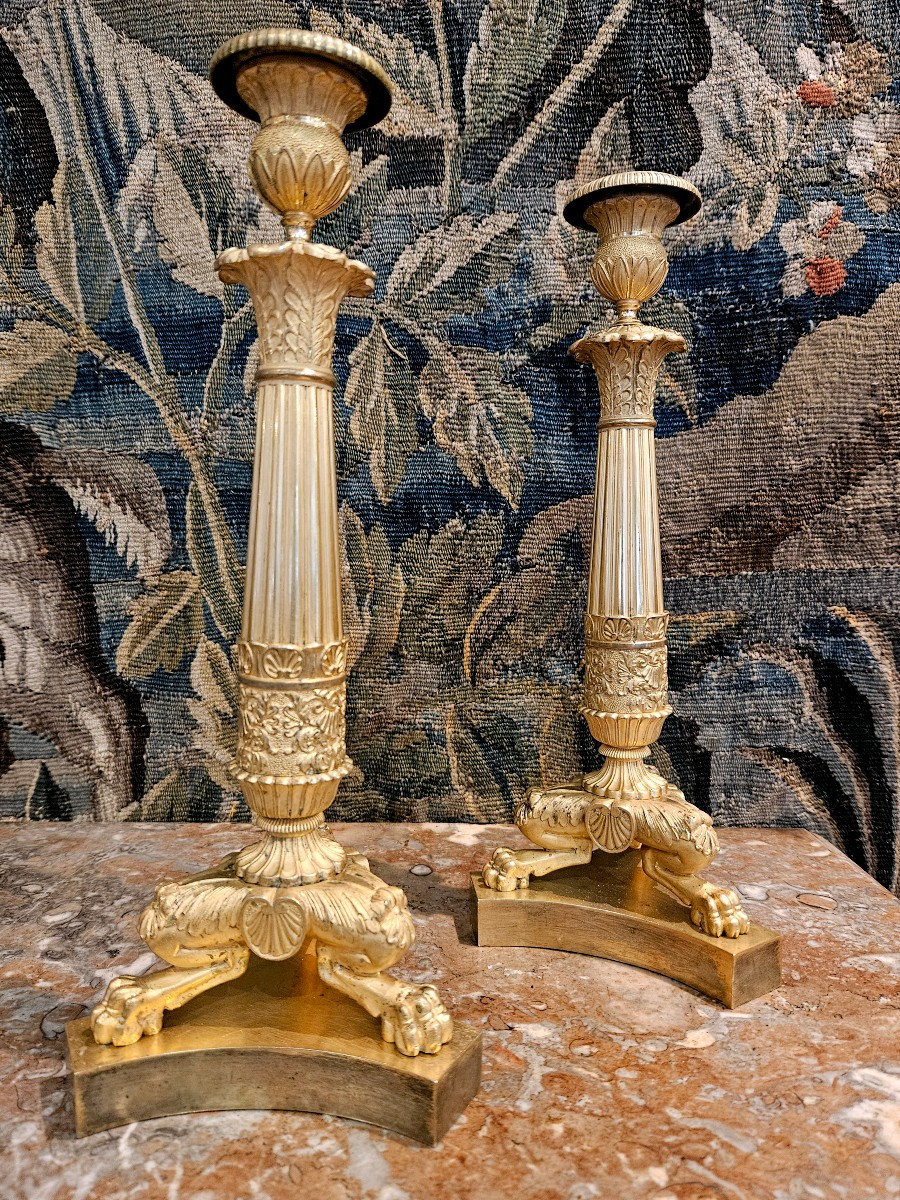Pair Of Large Gilt Bronze Flambeaux Restoration Period Early 19th Century-photo-3
