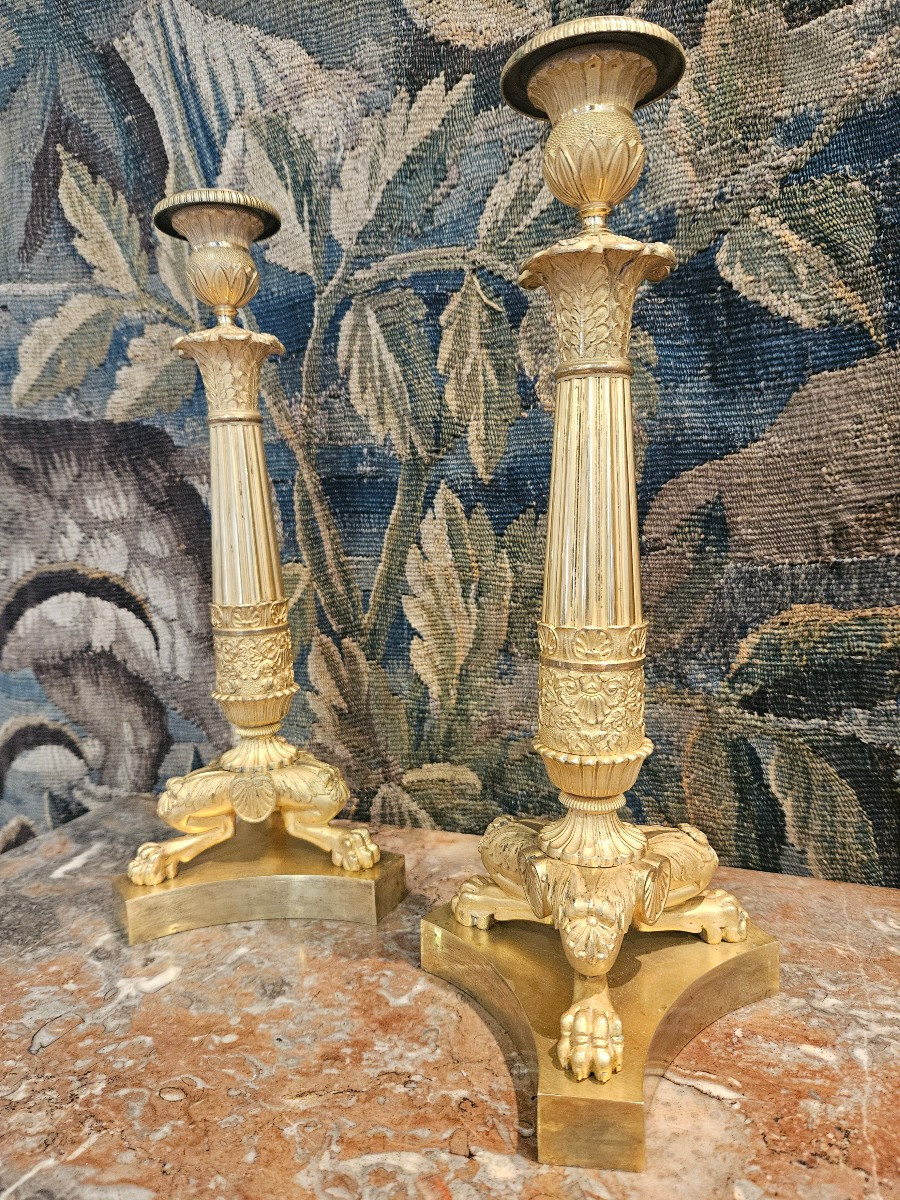 Pair Of Large Gilt Bronze Flambeaux Restoration Period Early 19th Century