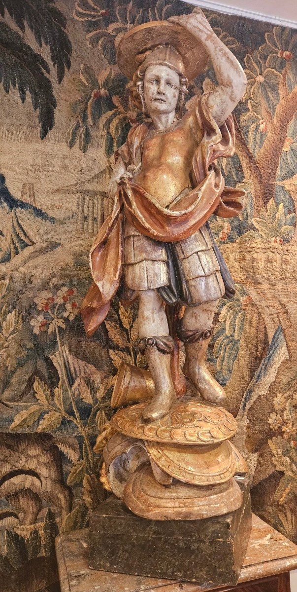 Porte Torchère "Soldat Romain" En Bois Sculpté Polychrome Italie XVIII ème-photo-2